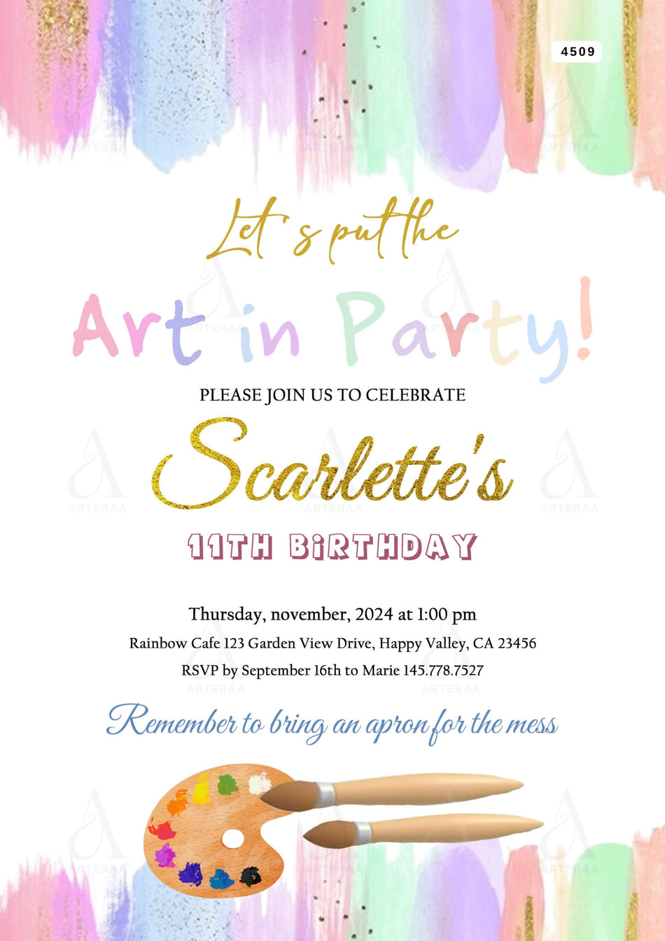 Art Party card Canva Editable Template in english language with Palette with Paint Brush as colorful theme design 4509