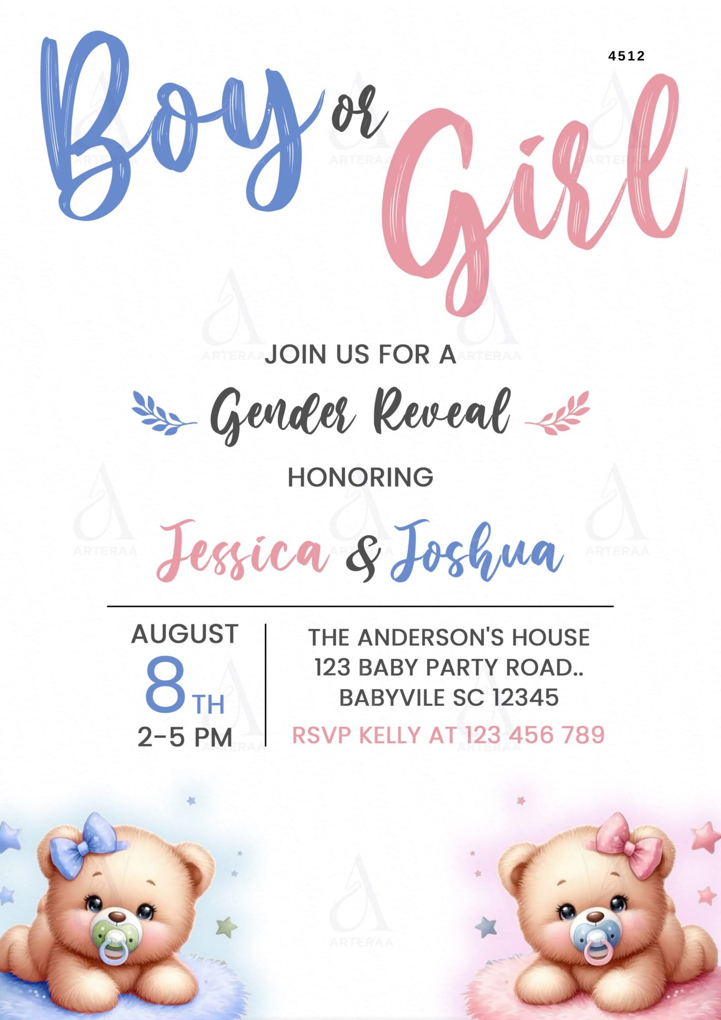 Gender Reveal Party invitation card Canva Editable Template in english language with teddy, star as minimalistic theme design 4512