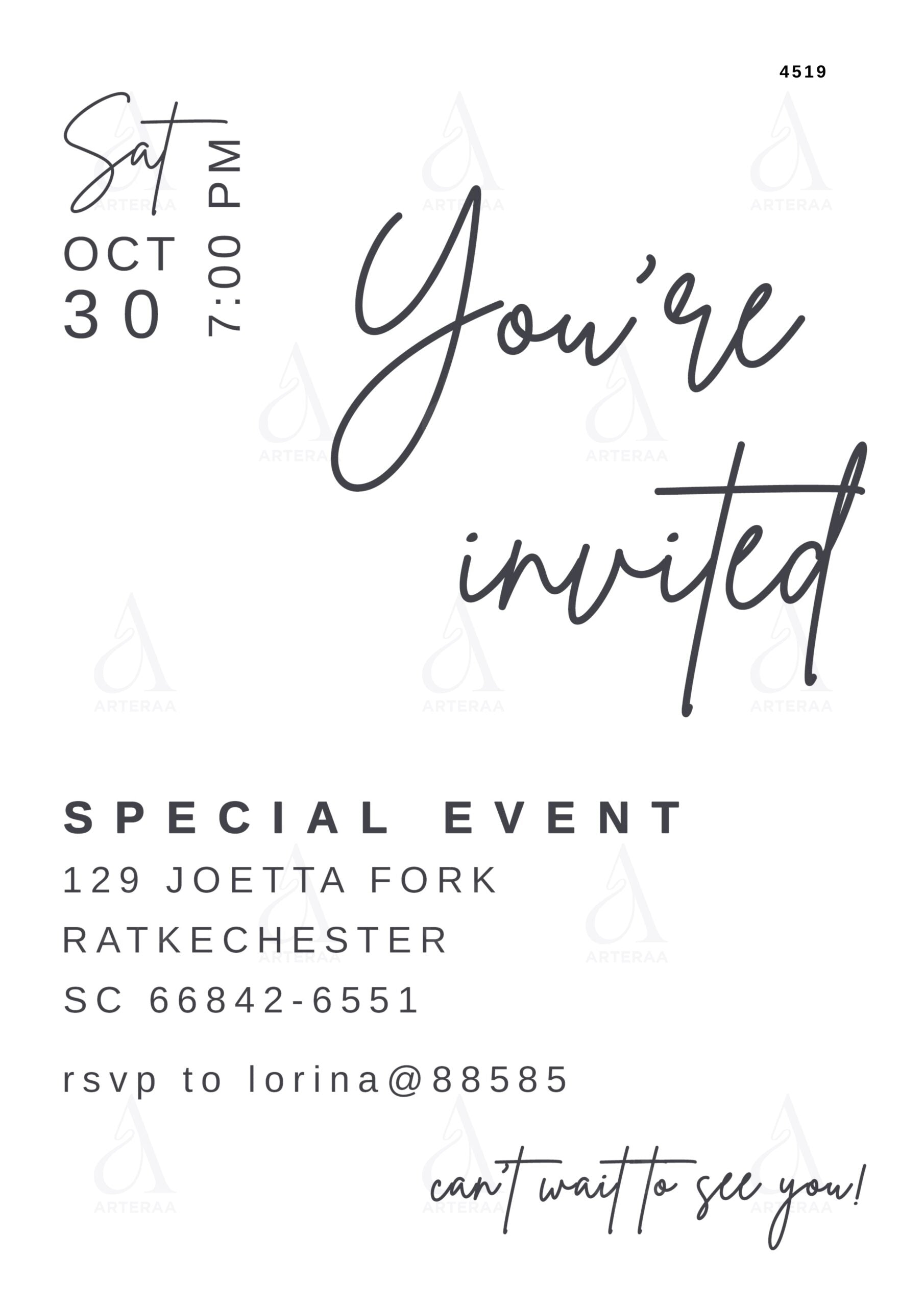 Special Event card Canva Editable Template in english language with minimalistic theme design 4519