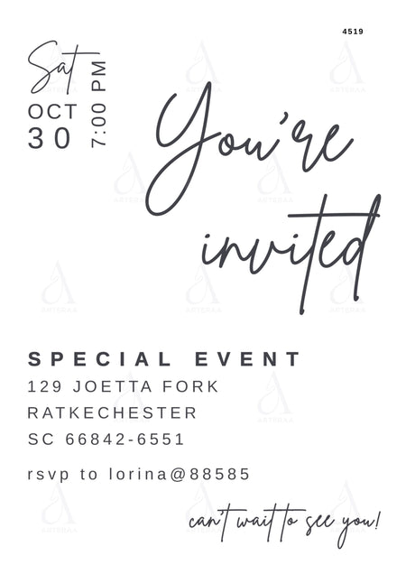 Special Event card Canva Editable Template in english language with minimalistic theme design 4519