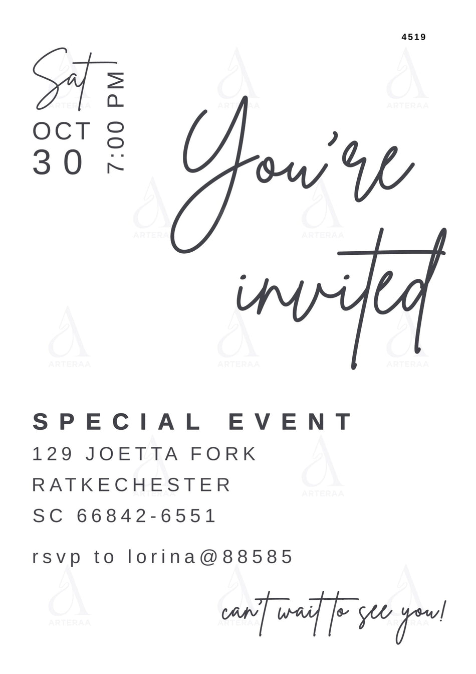 Special Event card Canva Editable Template in english language with minimalistic theme design 4519