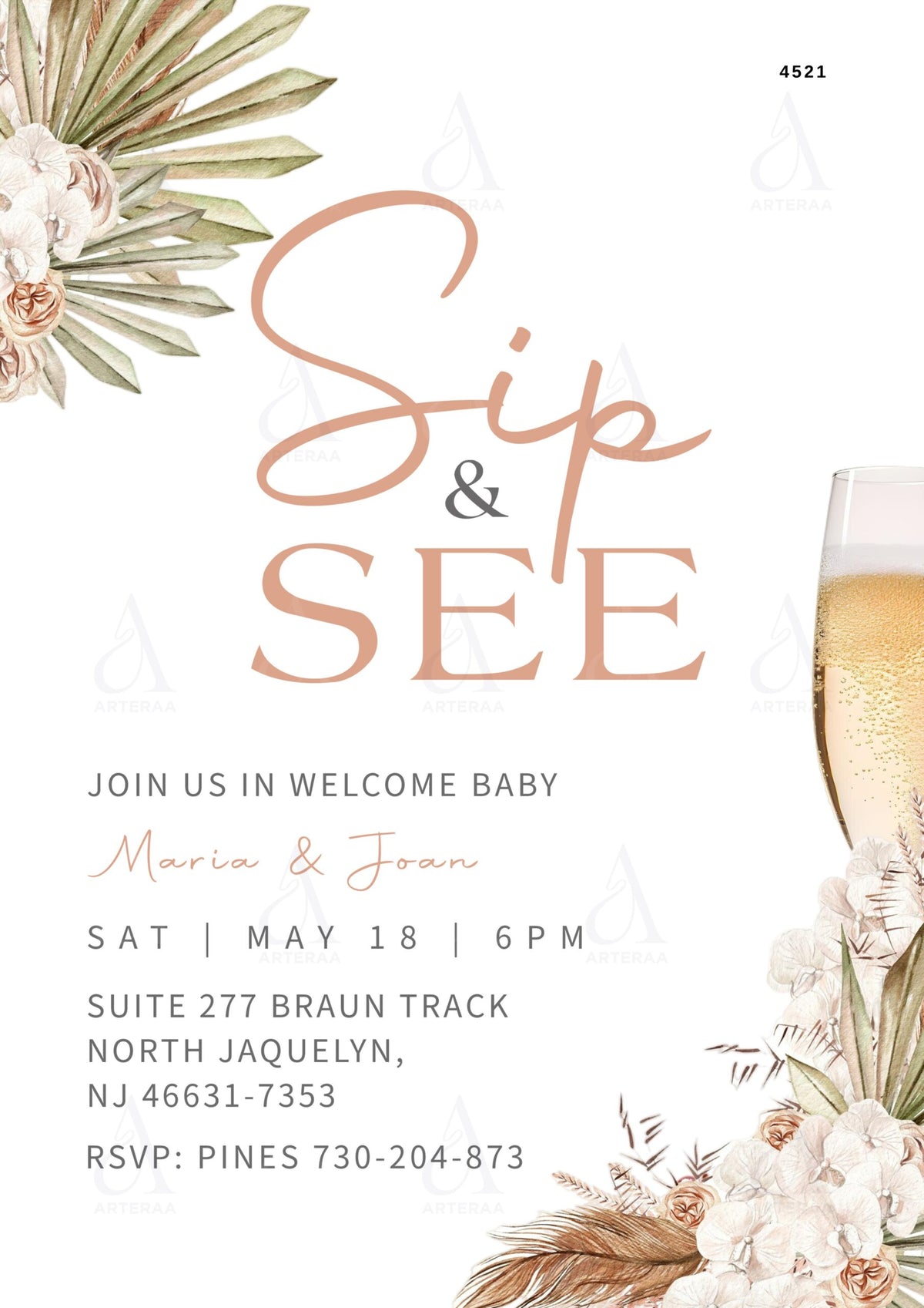 Baby welcome party invitation card Editable CanvaTemplate in english language with floral theme design 4521