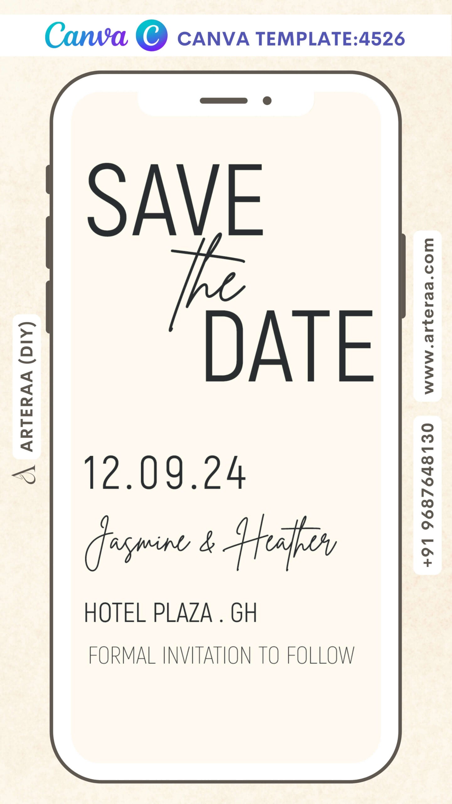Save the Date card Editable CanvaTemplate in english language with minimalistic theme design 4526
