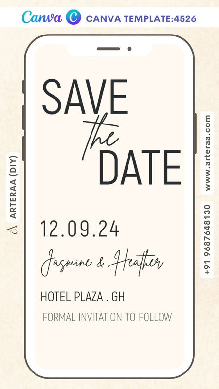 Save the Date card Editable CanvaTemplate in english language with minimalistic theme design 4526