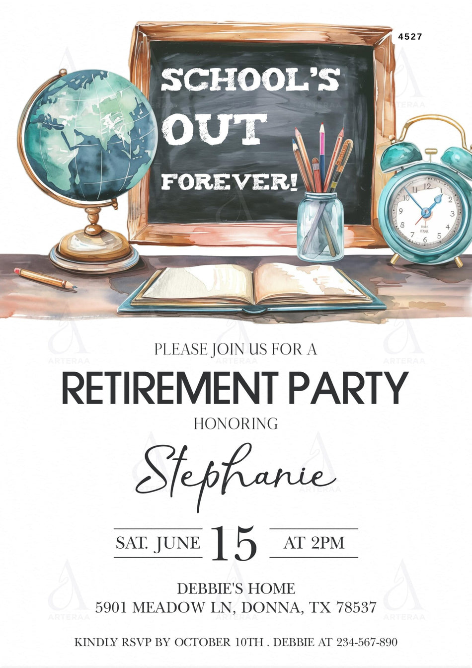 Retirement Party invitation card Editable CanvaTemplate in english language with back to school theme design 4527