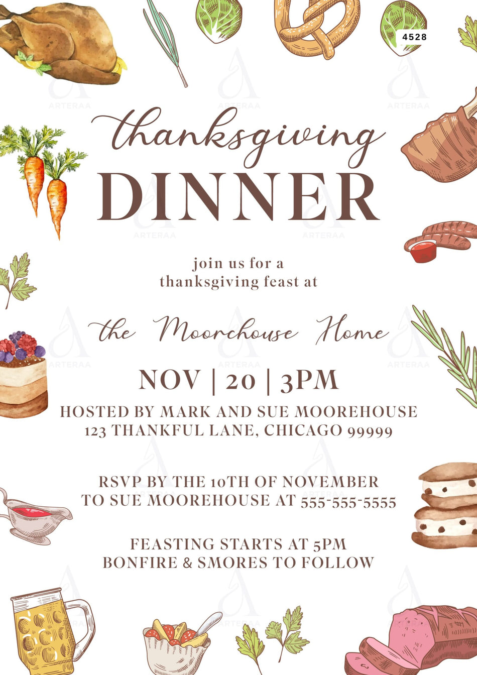 Thanksgiving dinner Party invitation card Editable CanvaTemplate in english language with foodie theme design 4528
