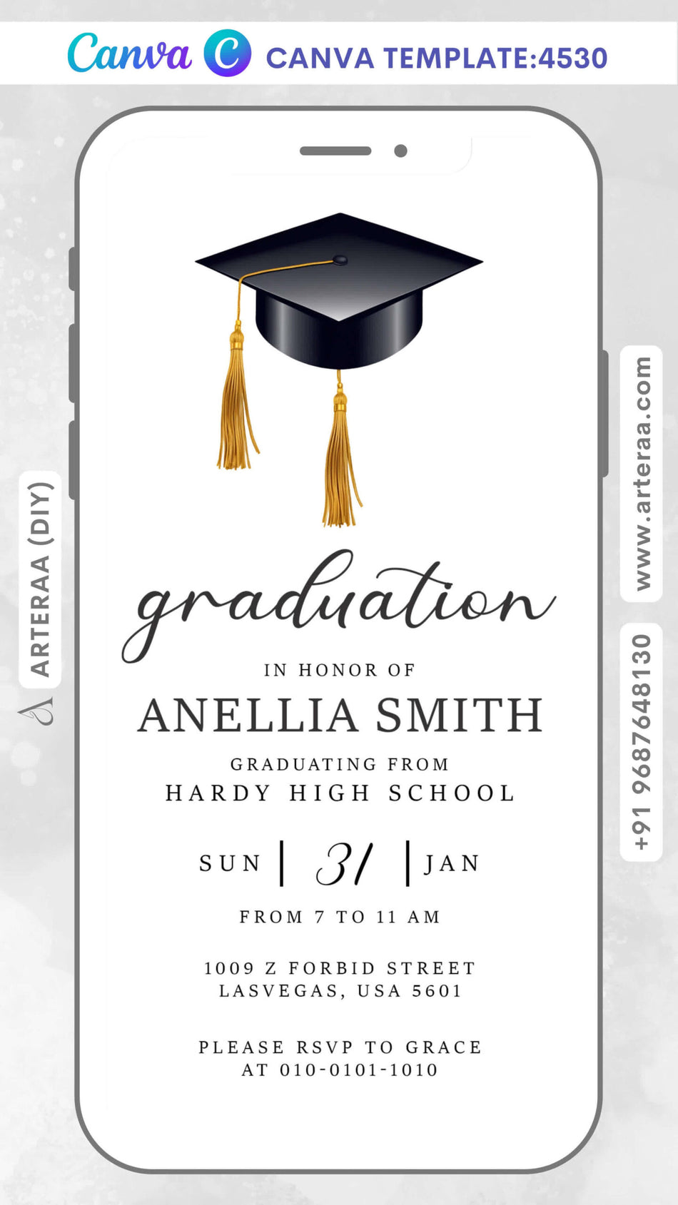 Graduation invitation card Editable CanvaTemplate in english language with minimalistic theme design 4530