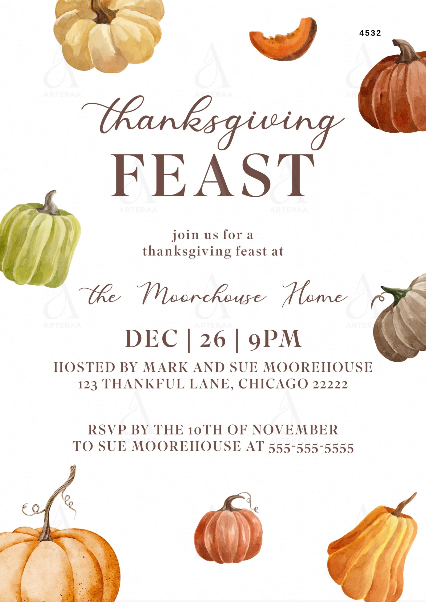 Thanksgiving Feast invitation card Editable CanvaTemplate for in english language with minimalistic theme design 4532