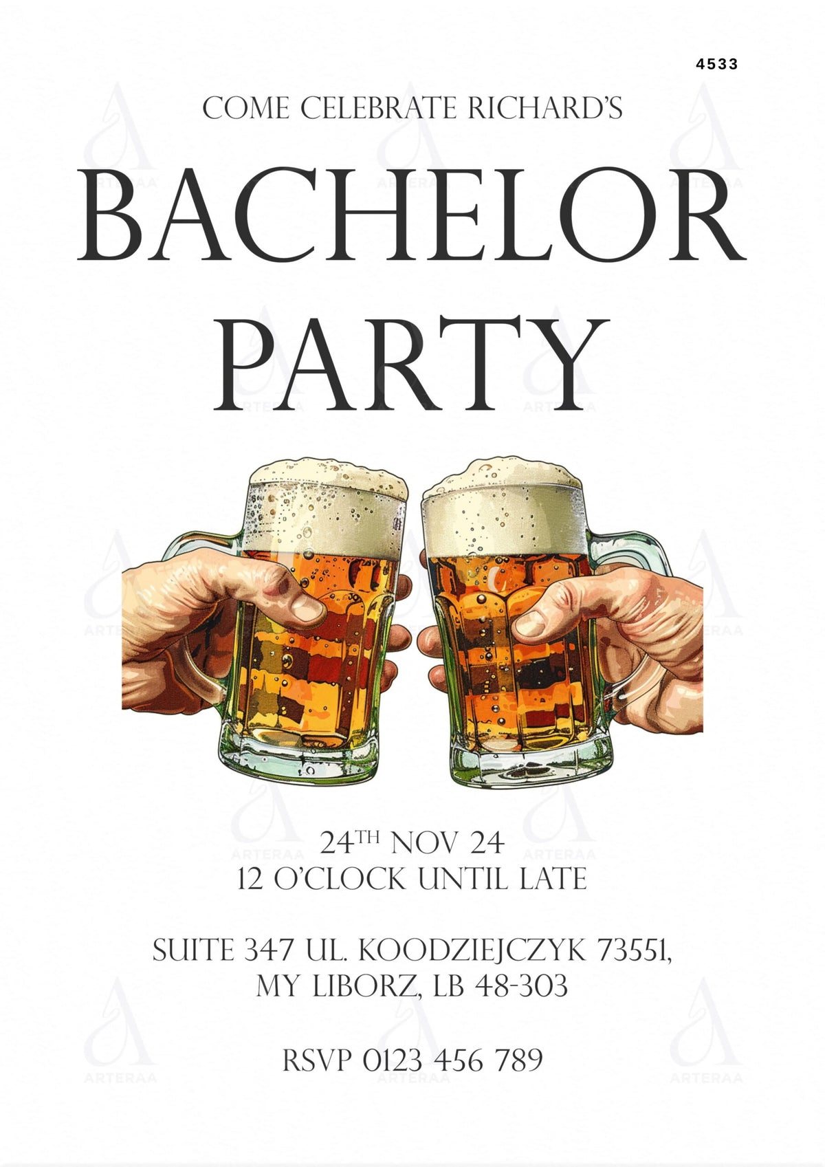 Bachelor Party invitation card Editable CanvaTemplate in english language with minimalistic theme design 4533