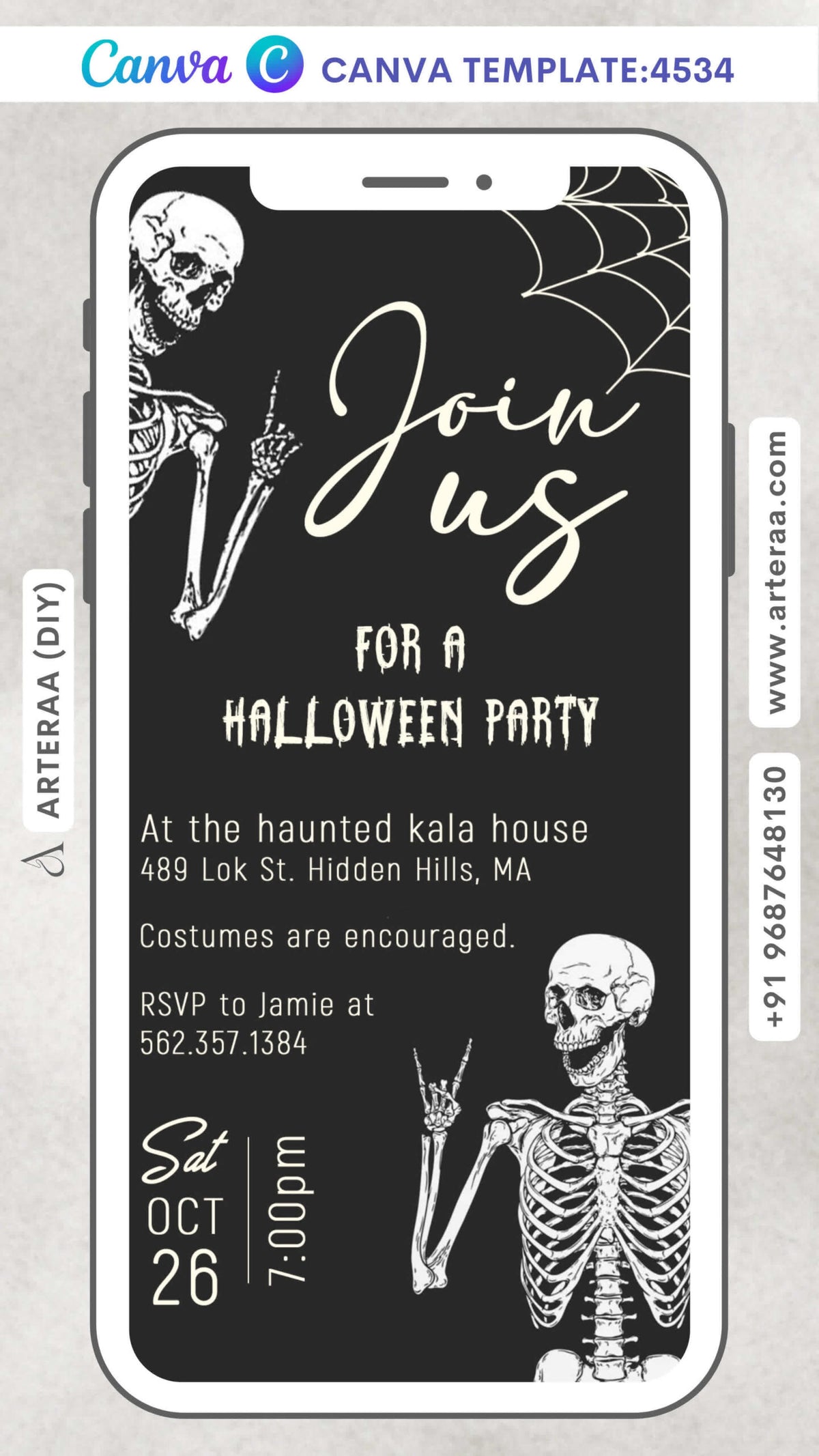 Halloween Party invitation card Editable CanvaTemplate in english language with Haunted theme design 4534