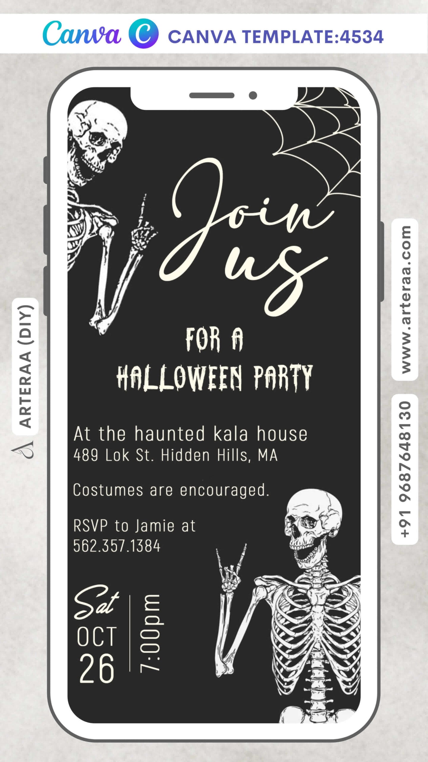 Halloween Party invitation card Editable CanvaTemplate in english language with Haunted theme design 4534