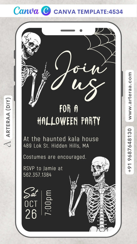 Halloween Party invitation card Editable CanvaTemplate in english language with Haunted theme design 4534