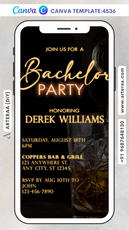 Bachelor Party invitation card Editable CanvaTemplate in english language with minimalistic theme design 4536