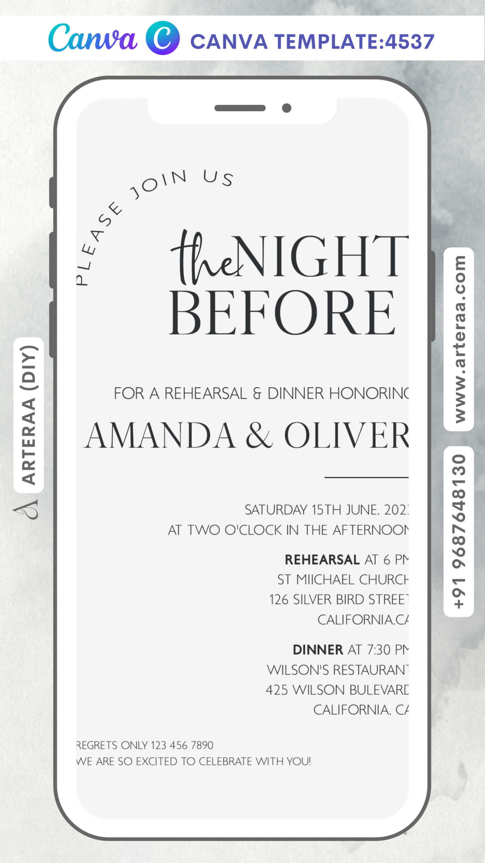 The night before invitation card Canva Editable Template in english language with minimalistic theme design 4537