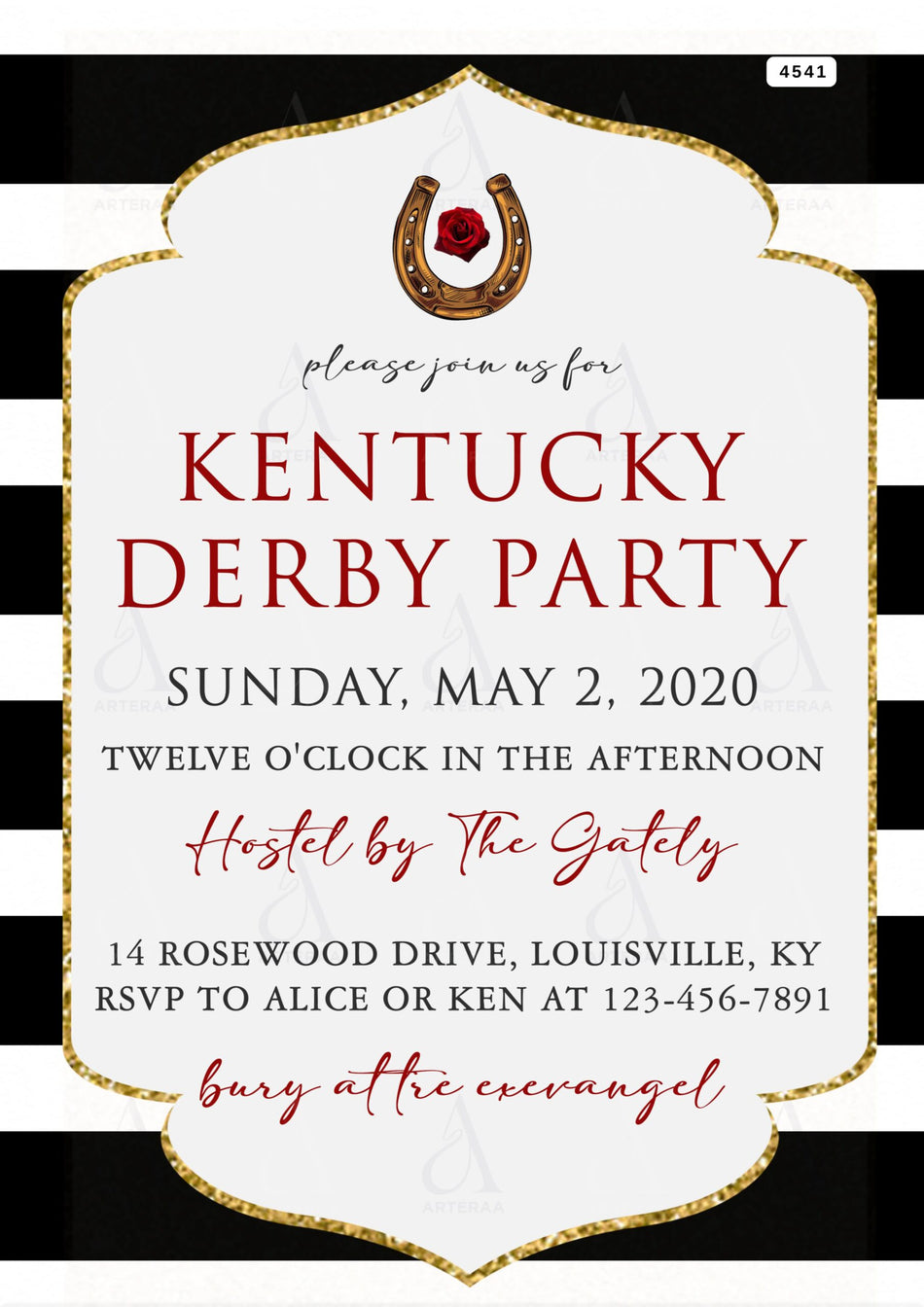 Kentucky Derby party invitation card Editable CanvaTemplate in english language with arch theme design 4541