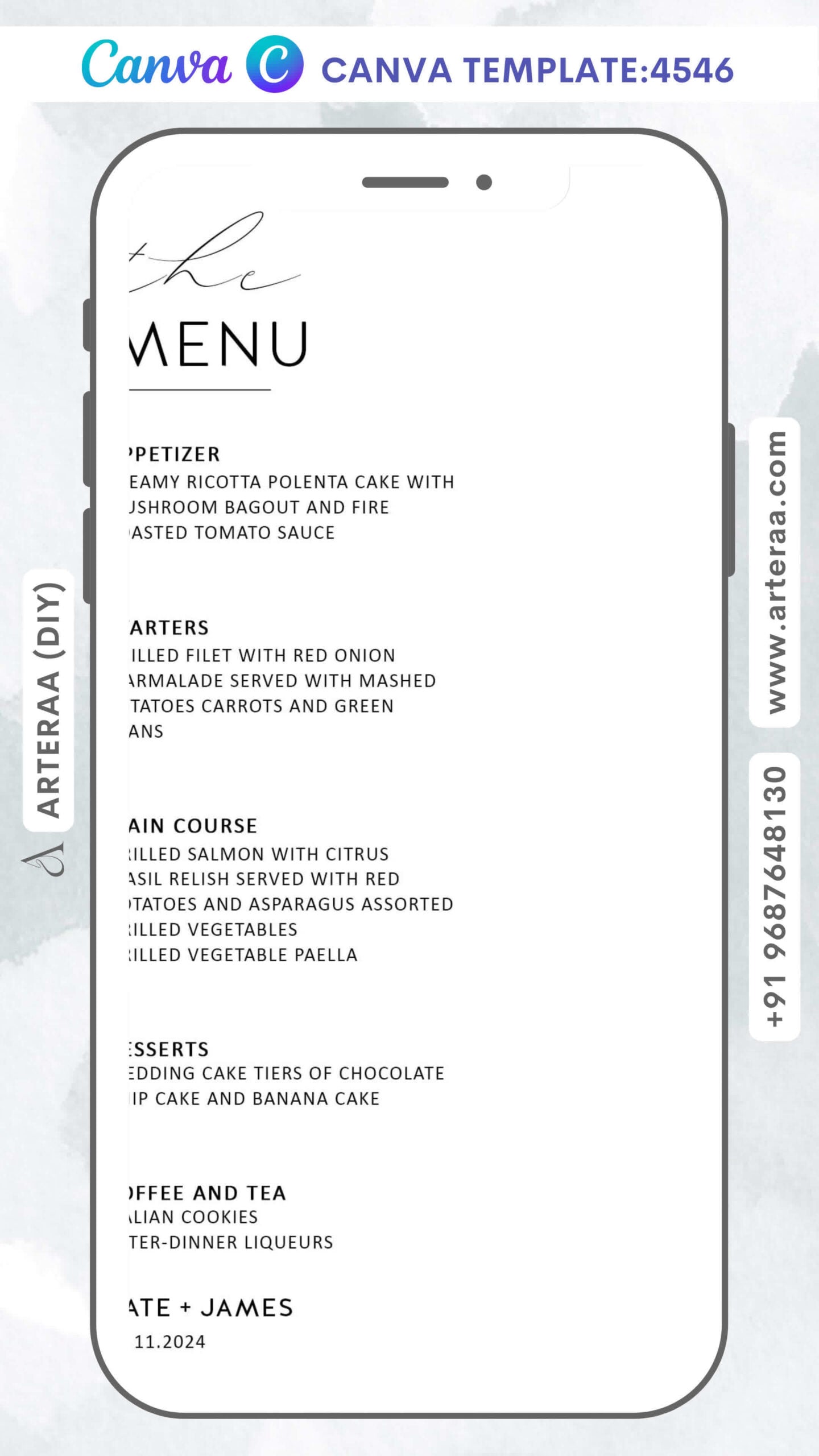 Menu card for restaurant Editable CanvaTemplate for in english language with minimalistic theme design 4546