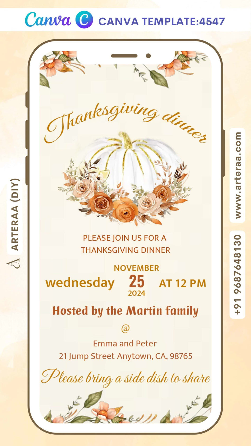 Thanksgiving dinner Party invitation card Editable CanvaTemplate in english language with floral theme design 4547