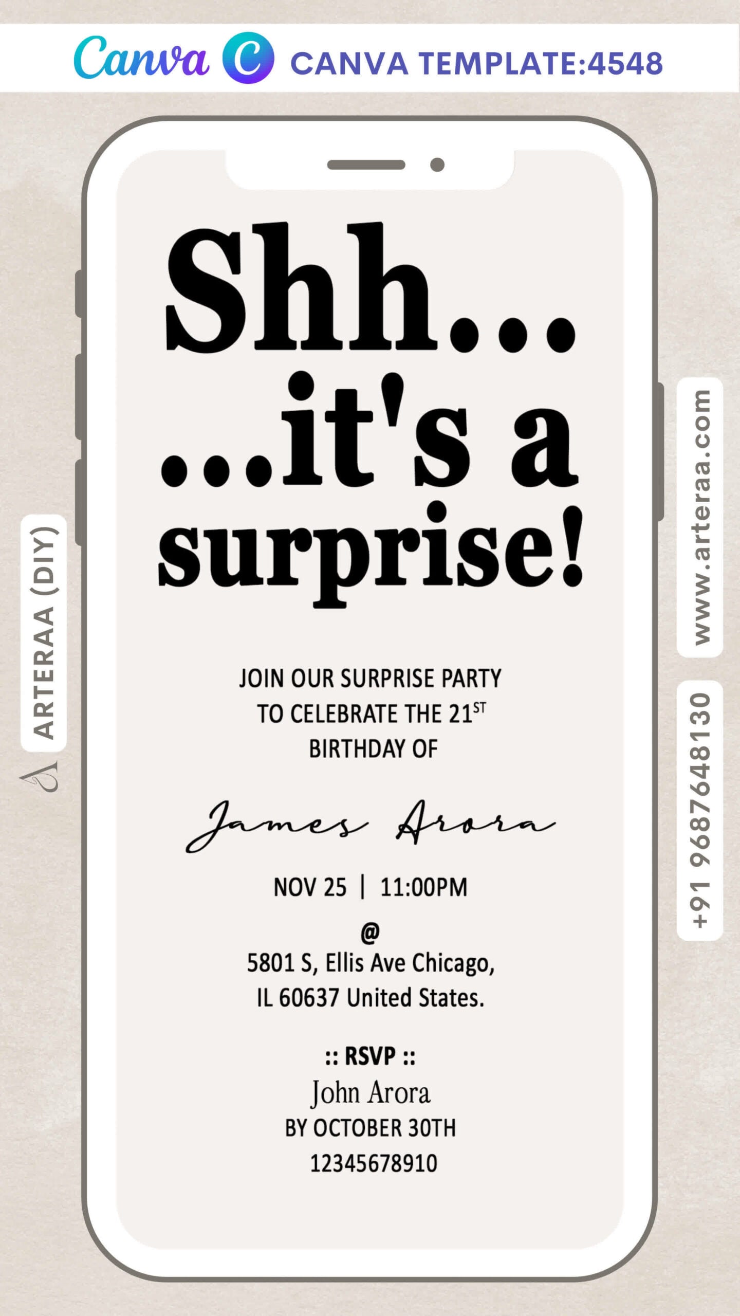 Surprise Party invitation card Editable CanvaTemplate in english language with minimalistic theme design 4548