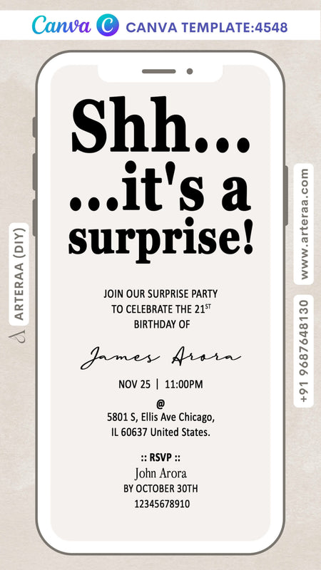 Surprise Party invitation card Editable CanvaTemplate in english language with minimalistic theme design 4548