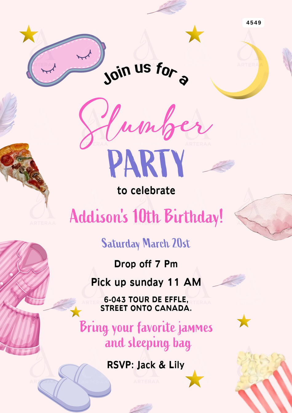 Slumber Party invitation card Editable CanvaTemplate in english language with Pyjama party theme design 4549