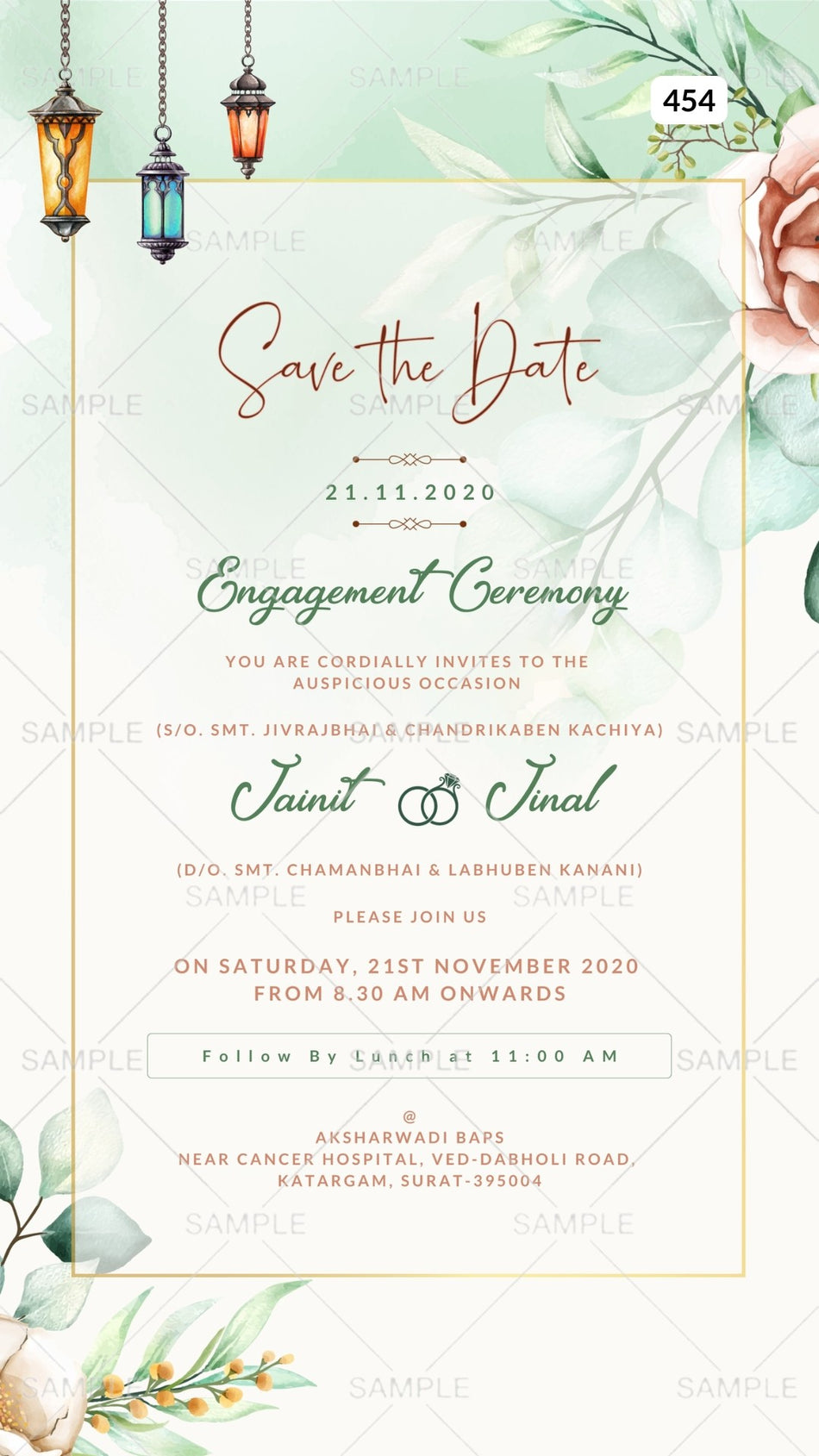 Engagement ceremony invitation card Canva Editable Template in english language with flowers, lantern, frame, leaves as couple photo theme design 454