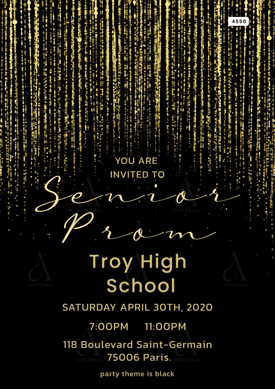 Senior prom invitation card Editable CanvaTemplate in english language with glittery theme design 4550