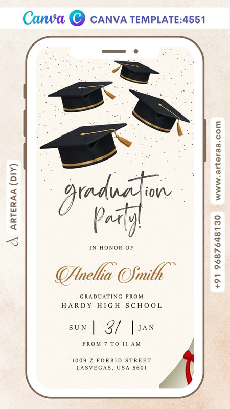 Graduation party invitation card Editable CanvaTemplate in english language with minimalistic theme design 4551