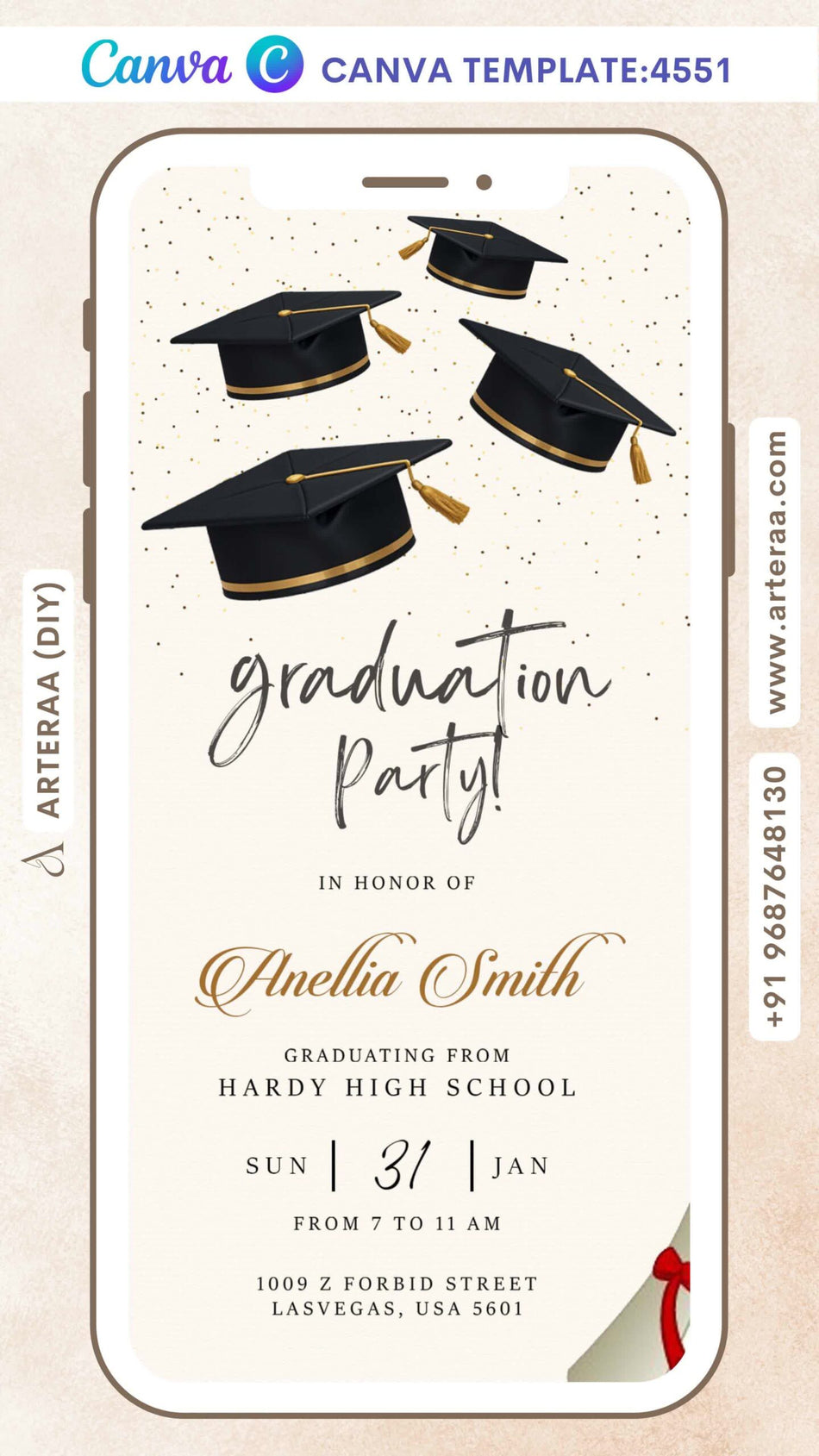Graduation party invitation card Editable CanvaTemplate in english language with minimalistic theme design 4551