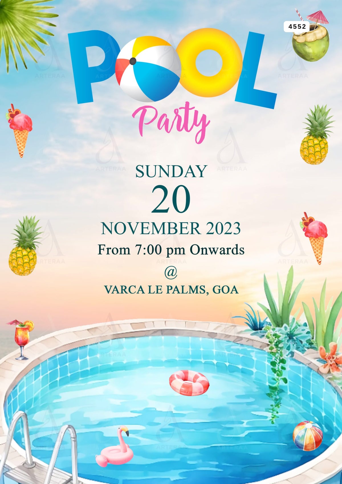 Pool Party invitation card Editable CanvaTemplate in english language with swimming pool theme design 4552