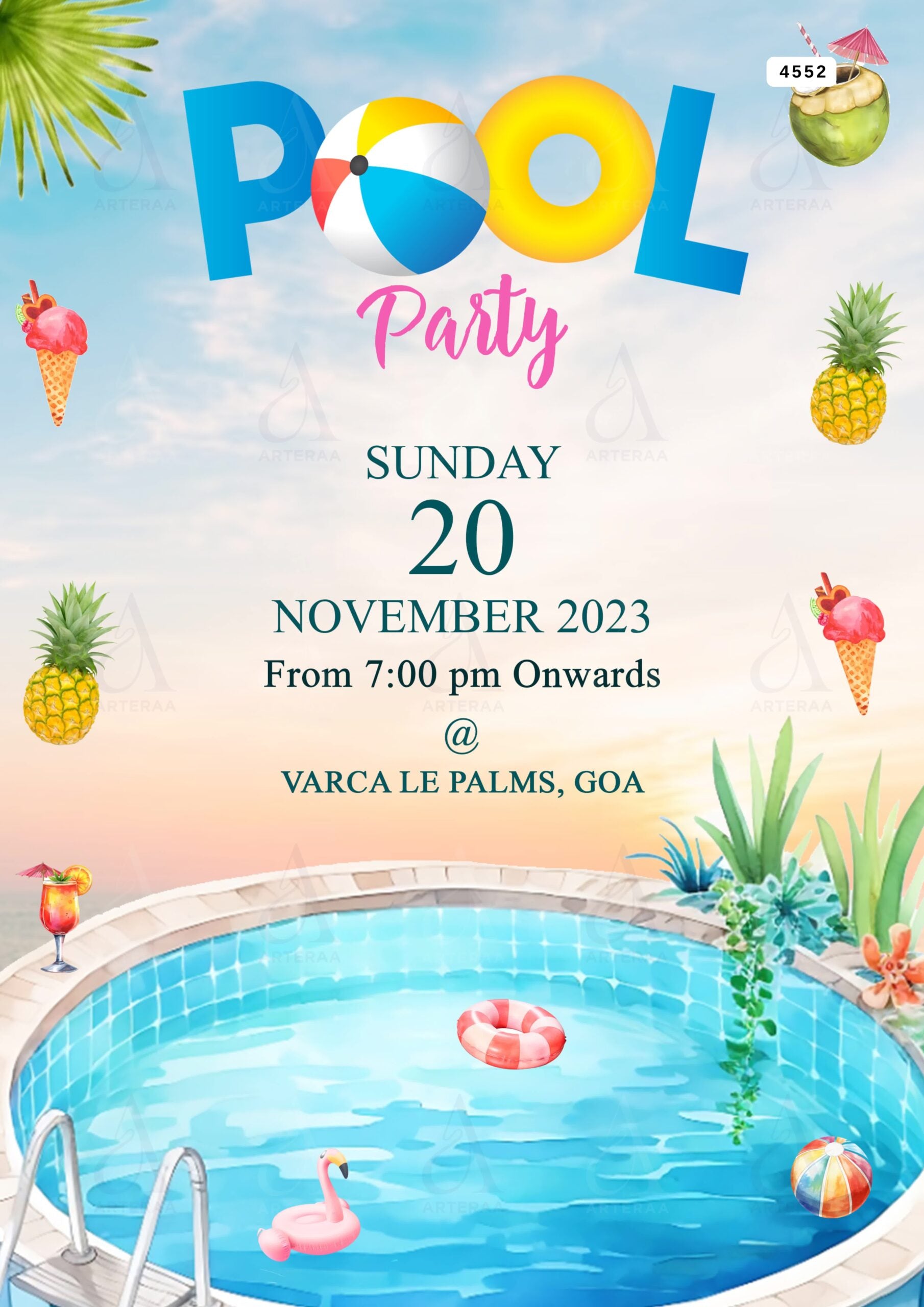 Pool Party invitation card Editable CanvaTemplate in english language with swimming pool theme design 4552