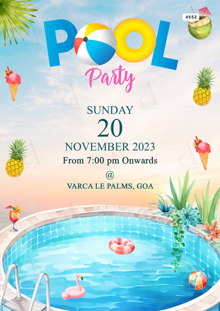 Pool Party invitation card Editable CanvaTemplate in english language with swimming pool theme design 4552