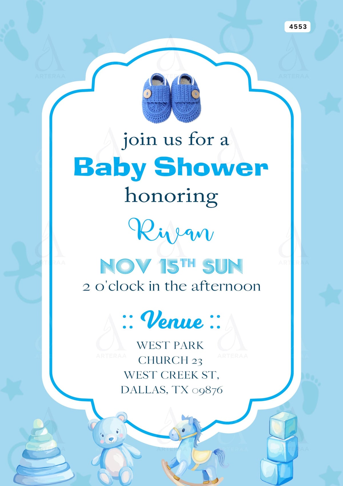 Baby Shower ceremony invitation card Editable CanvaTemplate in english language with arch theme design 4553