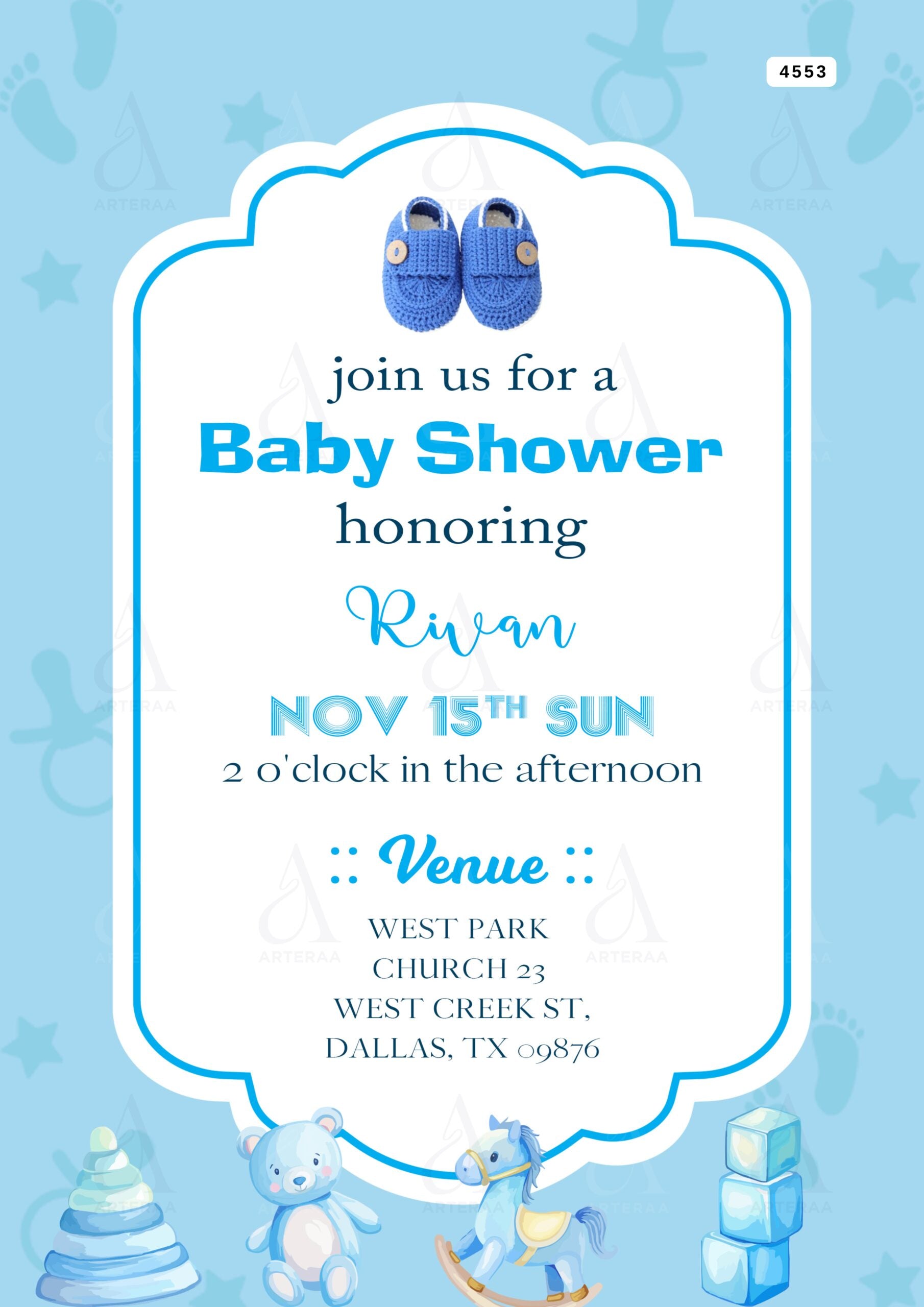Baby Shower ceremony invitation card Editable CanvaTemplate in english language with arch theme design 4553