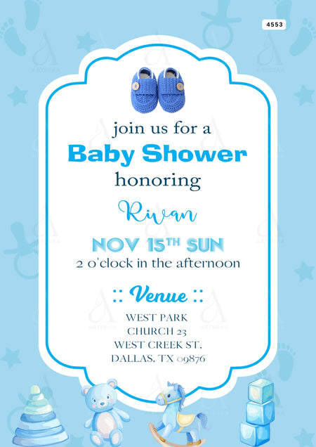 Baby Shower ceremony invitation card Editable CanvaTemplate in english language with arch theme design 4553