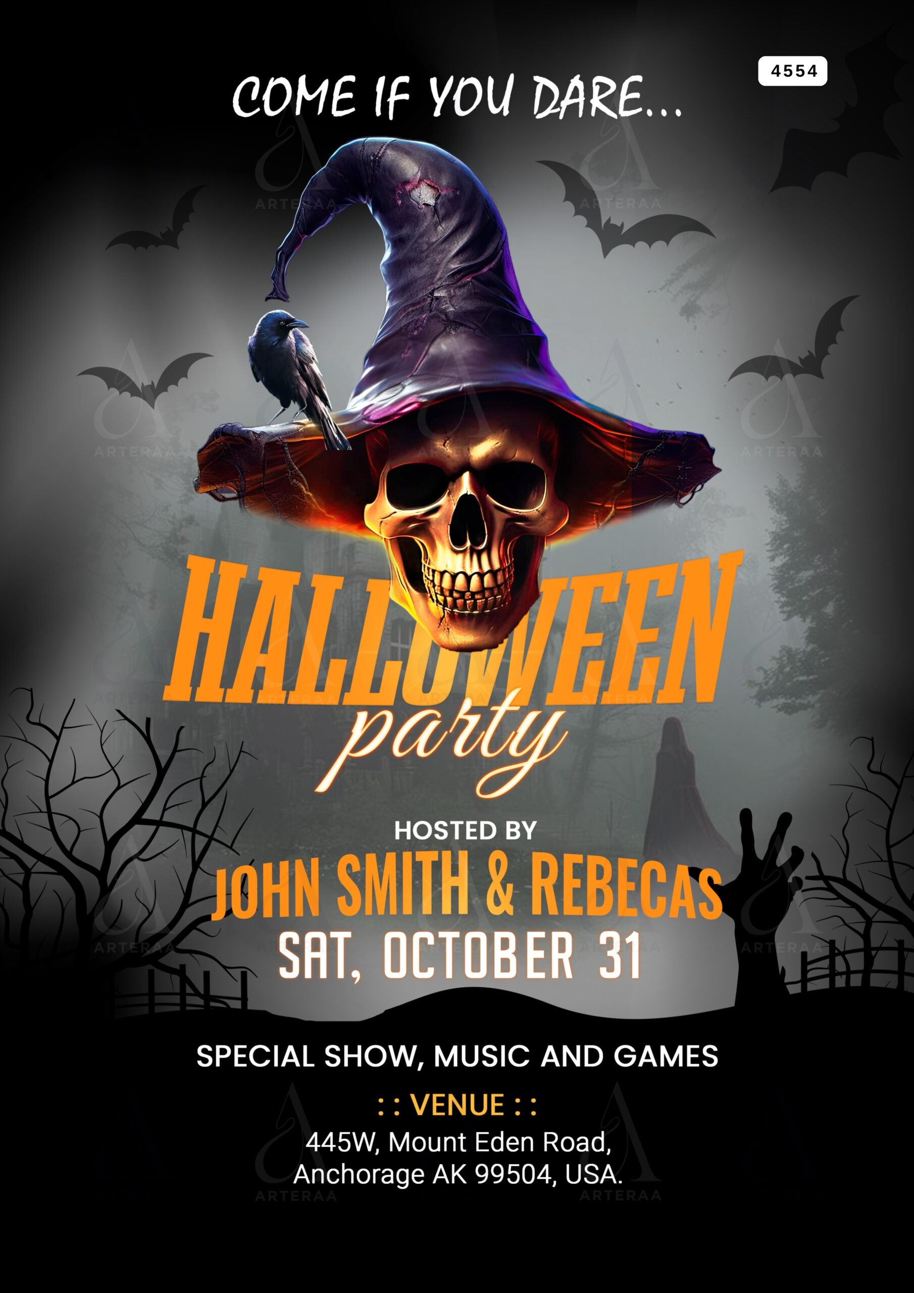 Halloween Party invitation card Editable CanvaTemplate in english language with horror theme design 4554