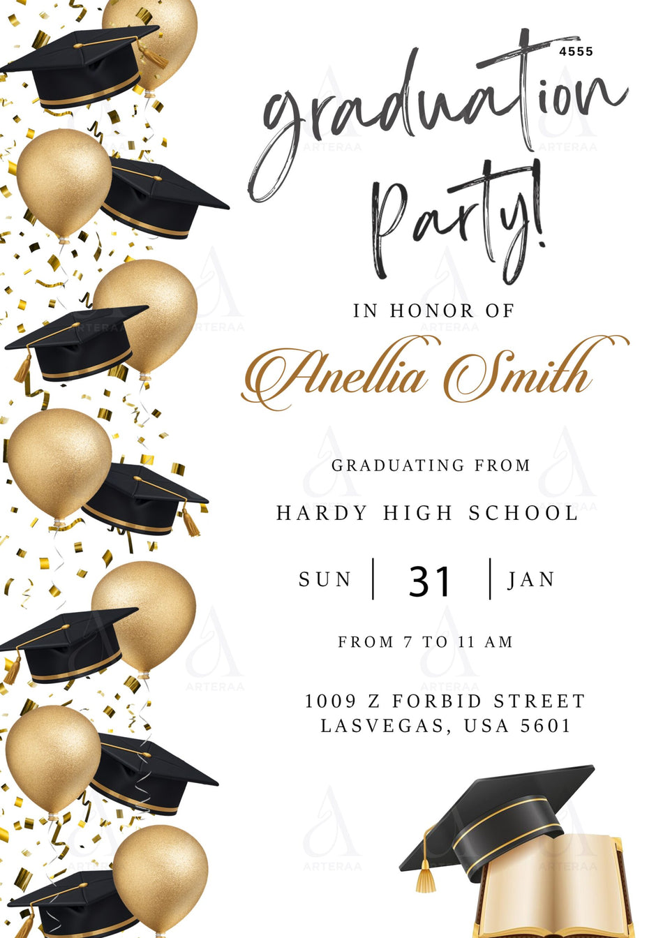 Graduation party invitation card Editable CanvaTemplate in english language with minimalistic theme design 4555