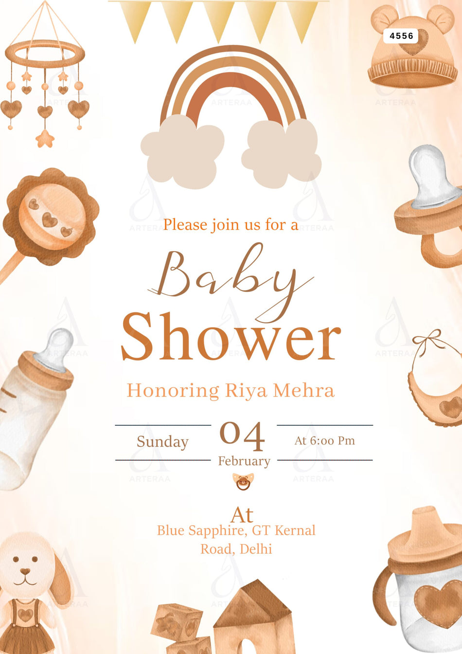 Baby Shower ceremony invitation card Editable CanvaTemplate in english language with playful theme design 4556