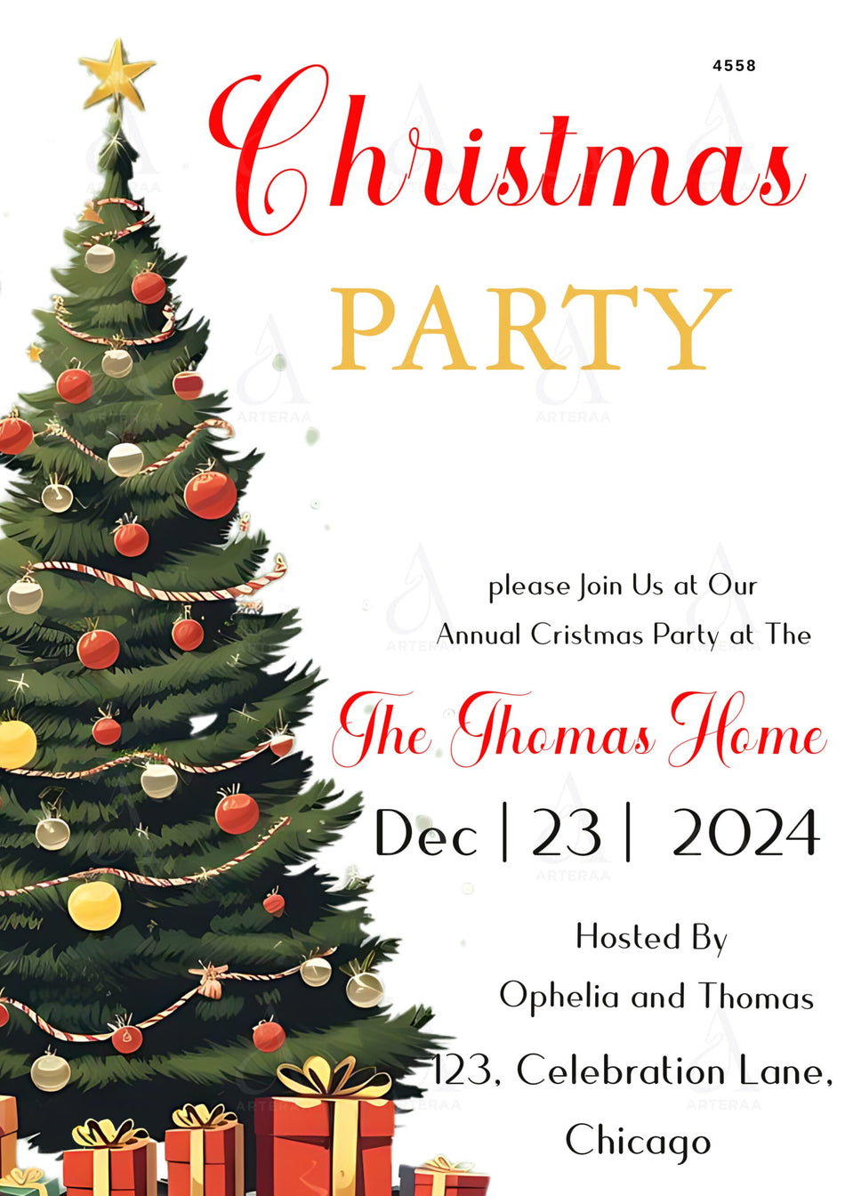 Christmas Party invitation card Editable CanvaTemplate in english language with minimalistic theme design 4558