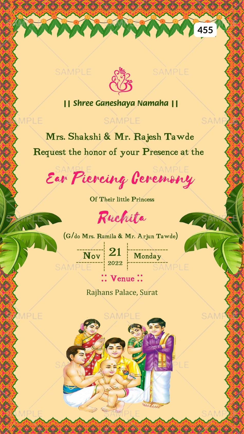 Ear Piercing ceremony invitation Canva Editable Template in english language with toran, ear piercing doodle as vintage theme design 455