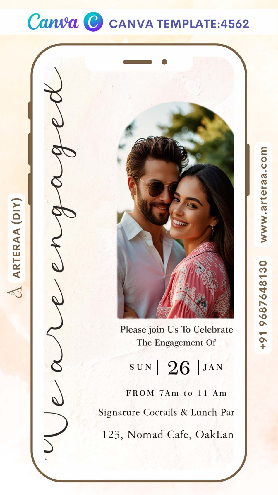 Engagement ceremony invitation card Editable CanvaTemplate in english language with couple photo theme design 4562