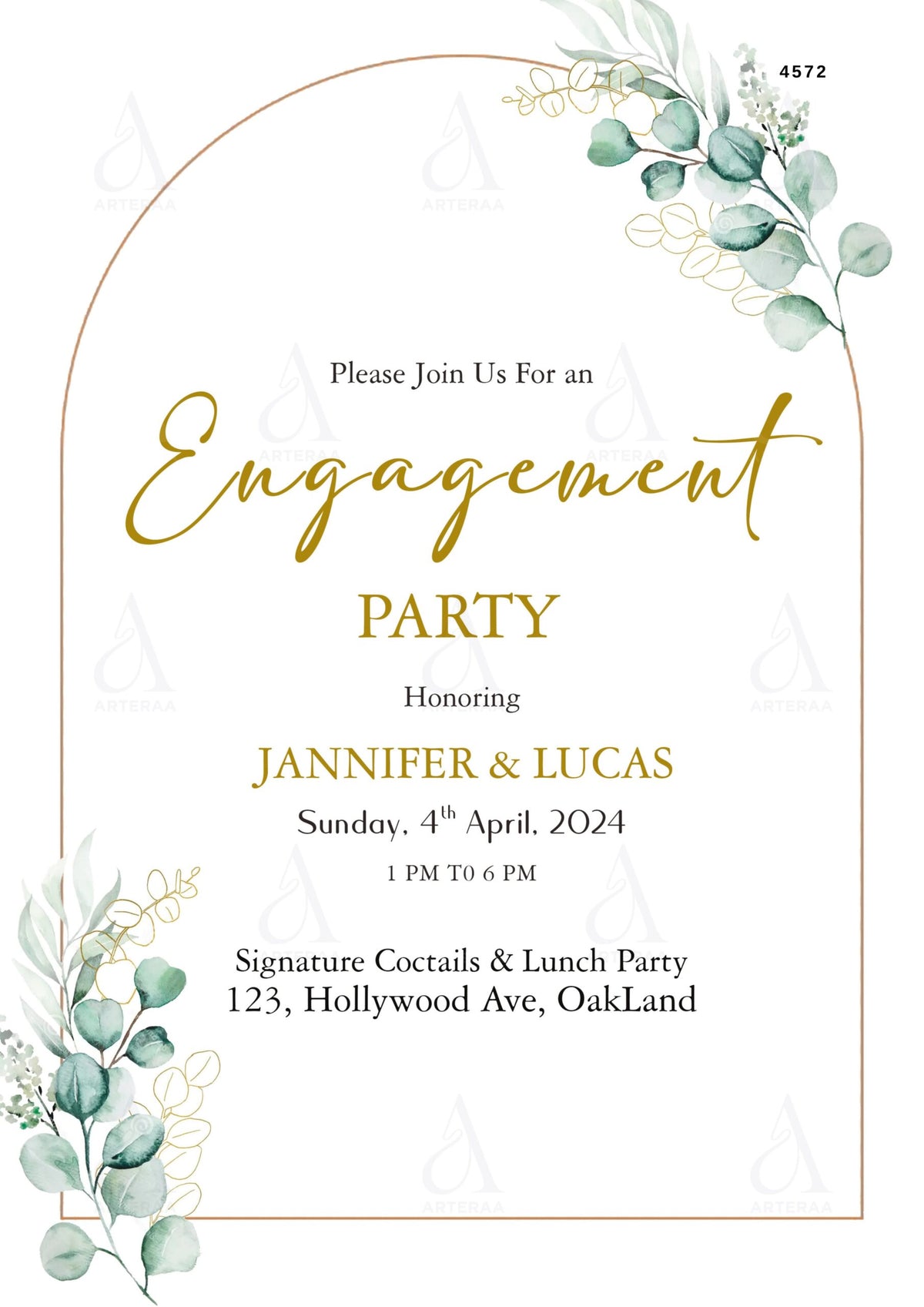 Engagement Party invitation card Editable Canva Template in english language with arch theme design 4572