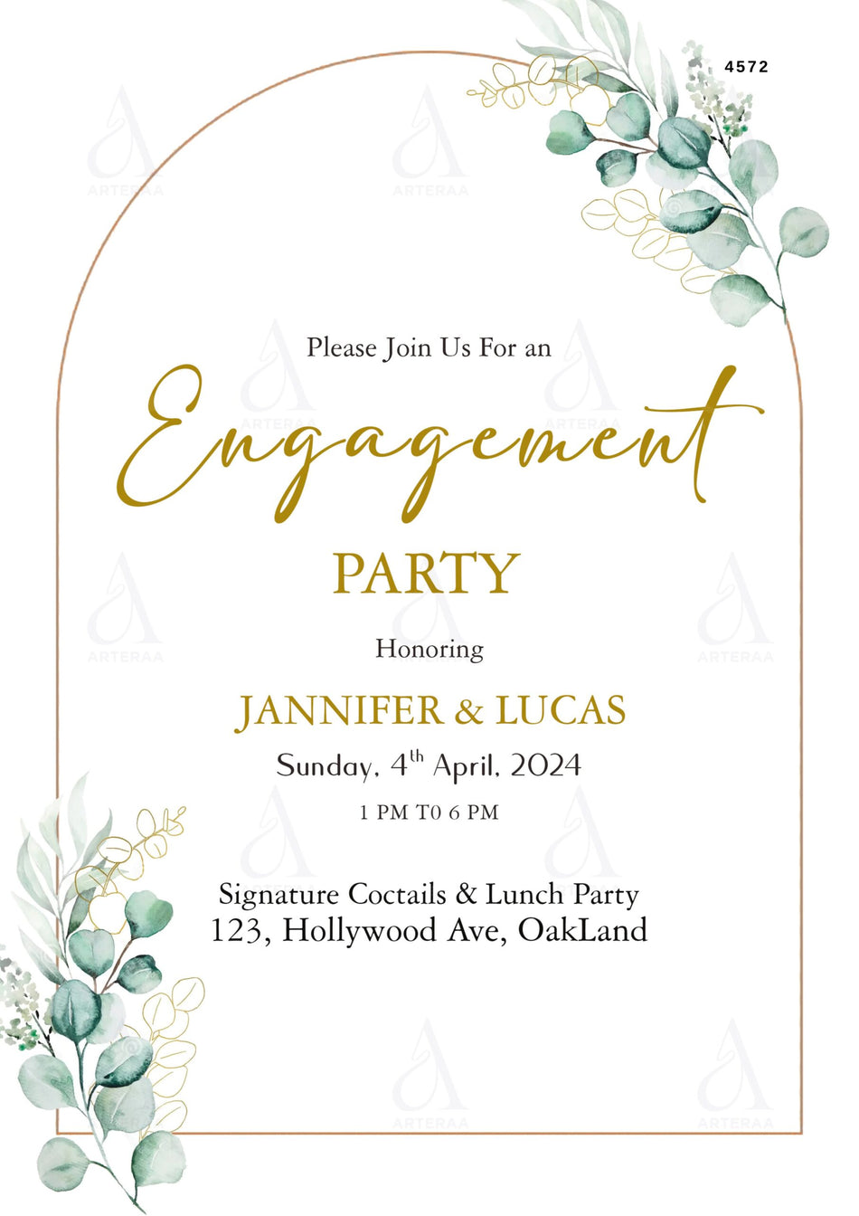 Engagement Party invitation card Editable Canva Template in english language with arch theme design 4572