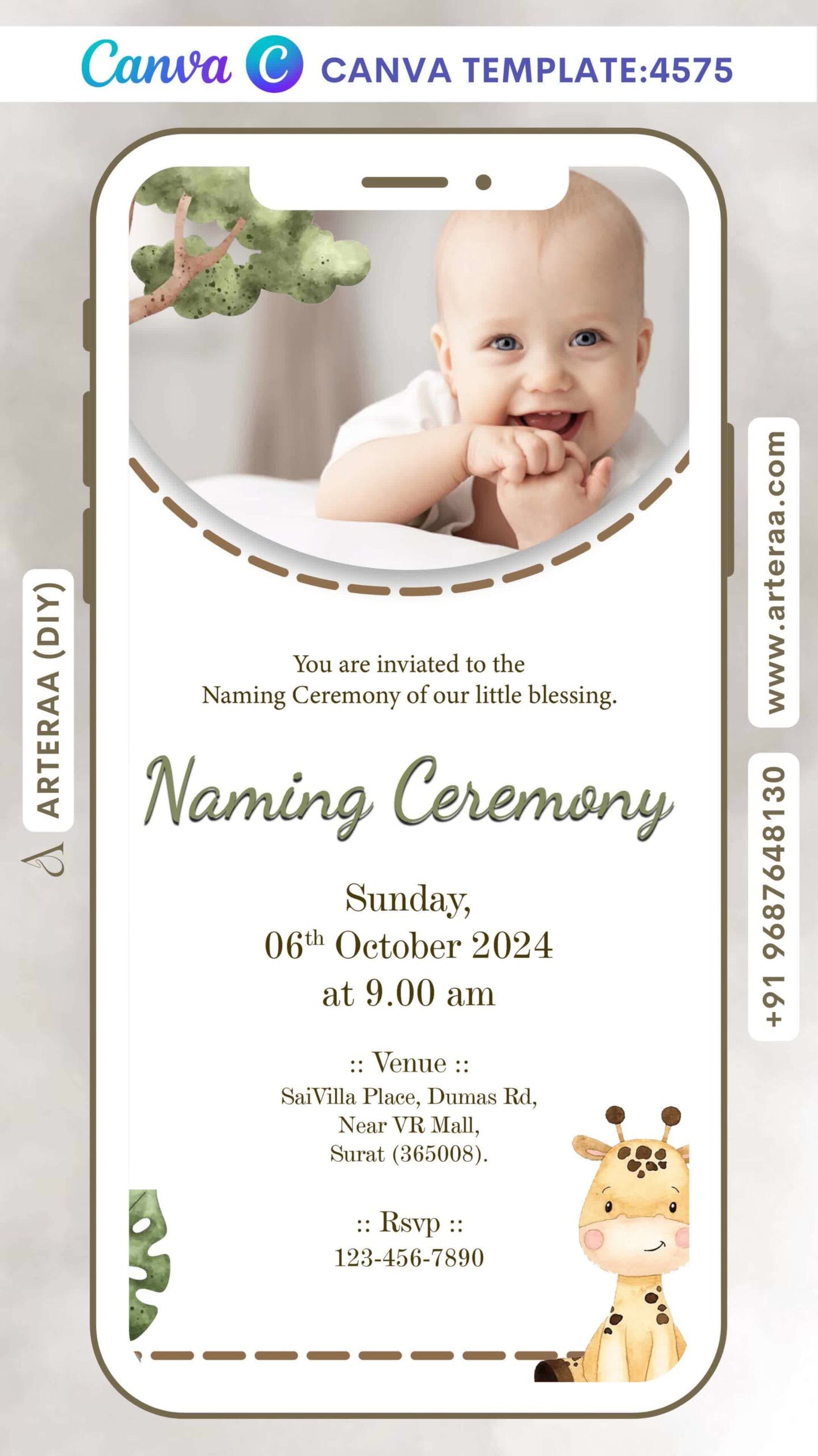 Naming Ceremony invitation Editable Canva Template in english language with minimalistic theme design 4575