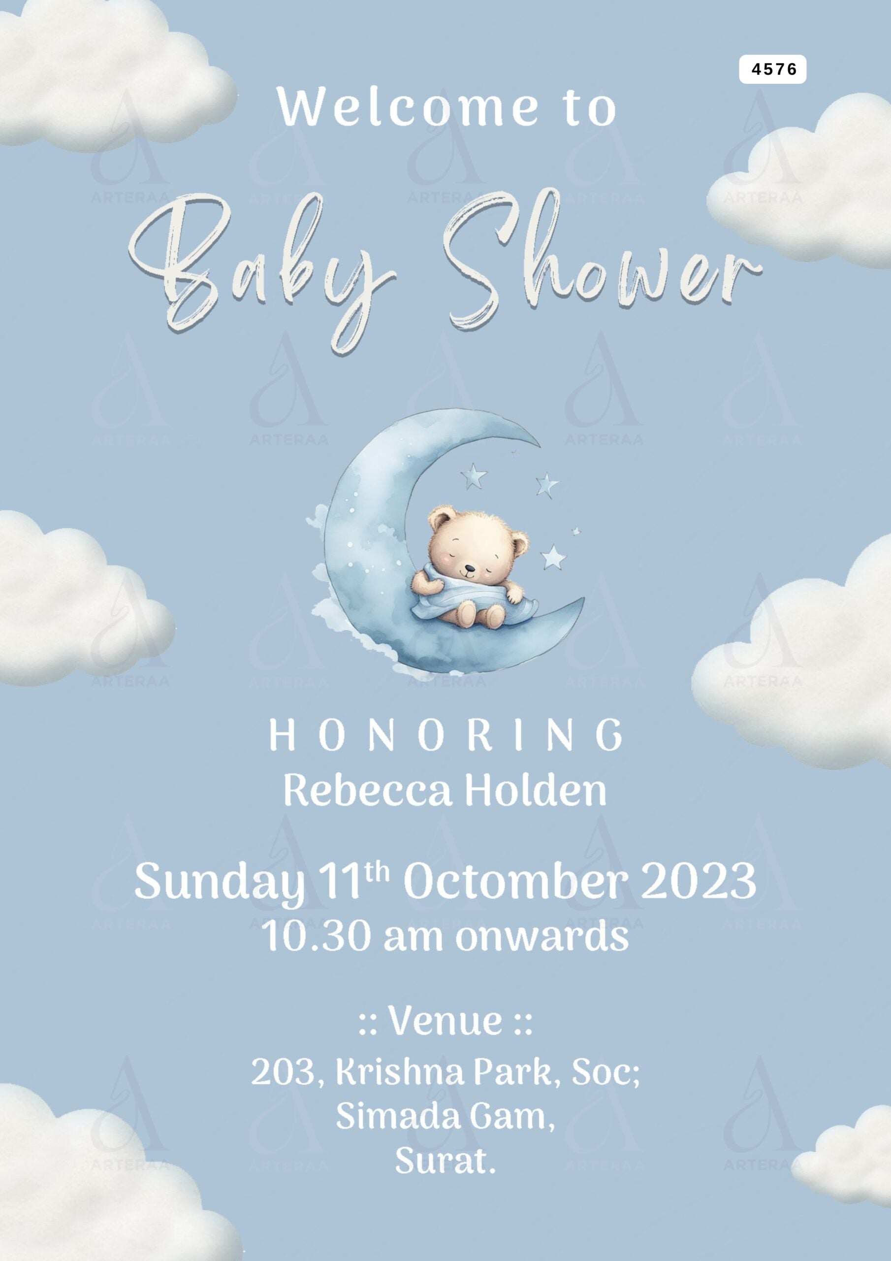 Baby Shower invitation Editable Canva Template inenglish language with Sky theme design 4576.