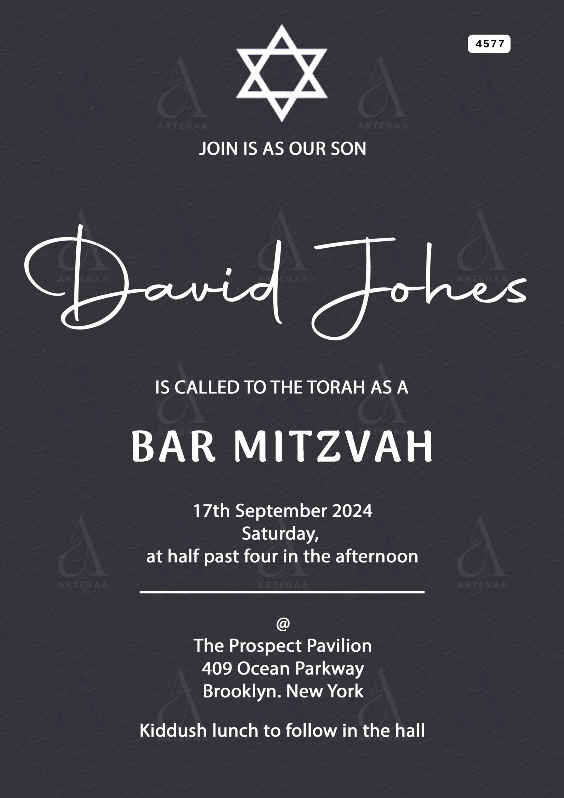 Bar Mitzvah invitation Editable Canva Template in english language with minimalistic theme design 4577
