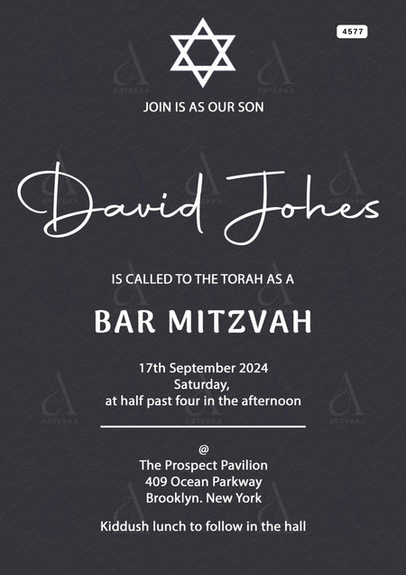 Bar Mitzvah invitation Editable Canva Template in english language with minimalistic theme design 4577