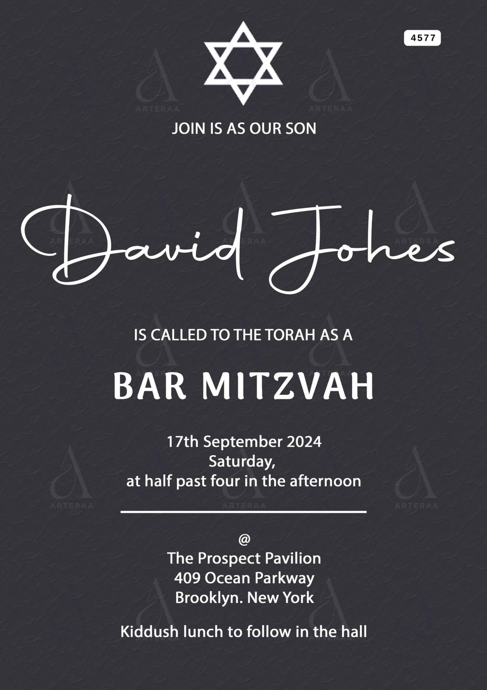Bar Mitzvah invitation Editable Canva Template in english language with minimalistic theme design 4577