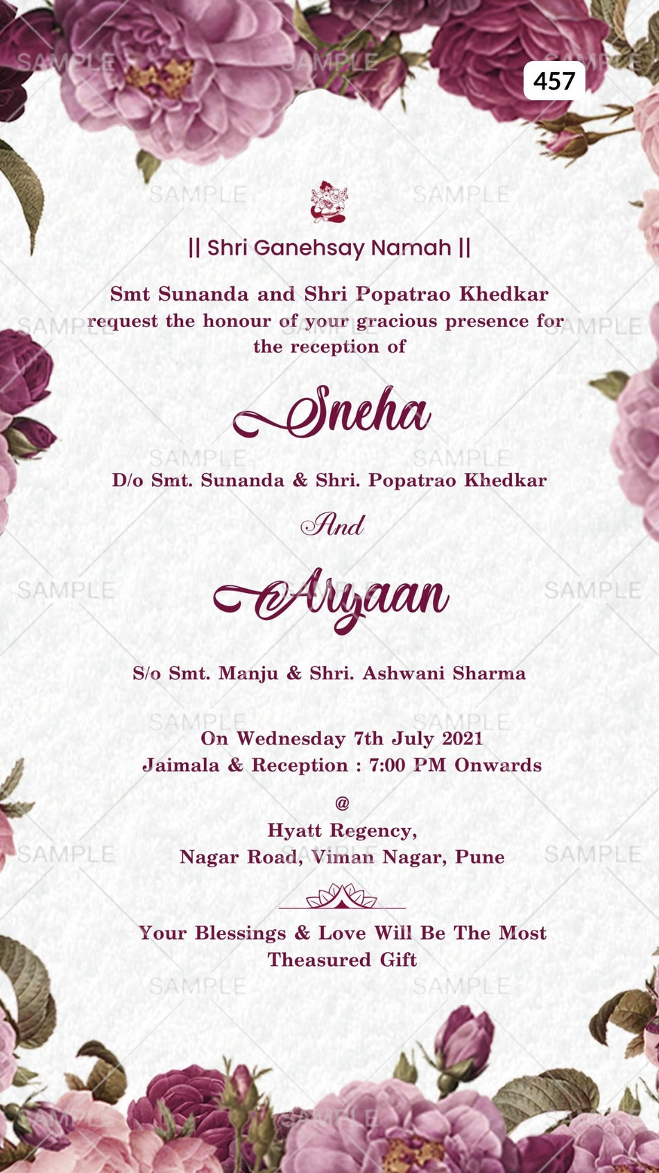 Reception Party invitation card Canva Editable Template in english language with flowers as floral theme design 457