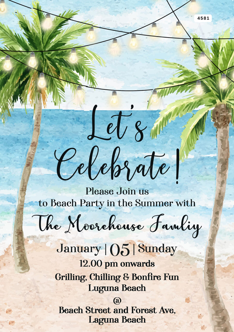 Beach party invitation Editable Canva Template in english language with minimalistic theme design 4581
