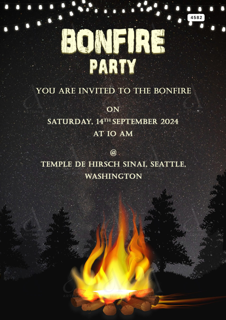 Bonfire party invitation Editable Canva Template in english language with minimalistic theme design 4582.